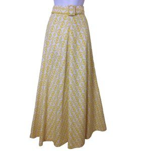 Vintage 70s Maxi Skirt 4/6 A-Line Textured Geometric Barkcloth Belted Zip Yellow